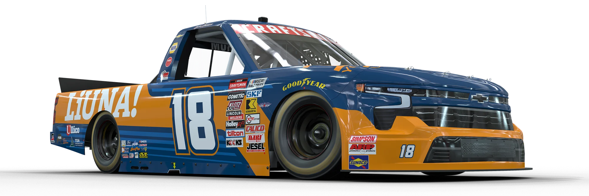 The No. 18 LIUNA Chevrolet Silverado RST in its navy and orange LIUNA livery